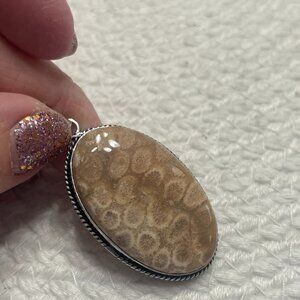 Gorgeous FOSSIL CORAL Handmade Sterling 925 Pendant/Chain #222E